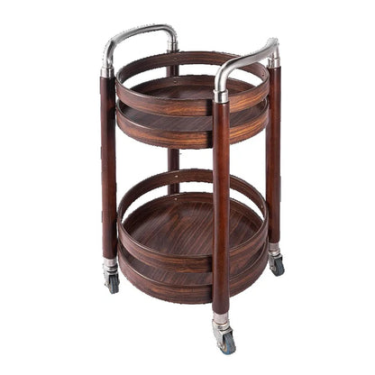 Portable 3-tier wooden snack and dessert display stand for parties and offices, featuring a rolling bar cart for serving and storage.