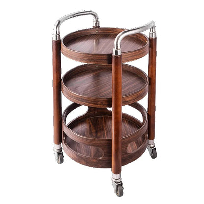 Portable 3-tier wooden snack and dessert display stand on wheels, ideal for parties, offices, and kitchen serving needs.