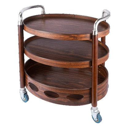Portable 3-tier wooden snack and dessert display stand on rolling bar cart, ideal for parties and office serving.