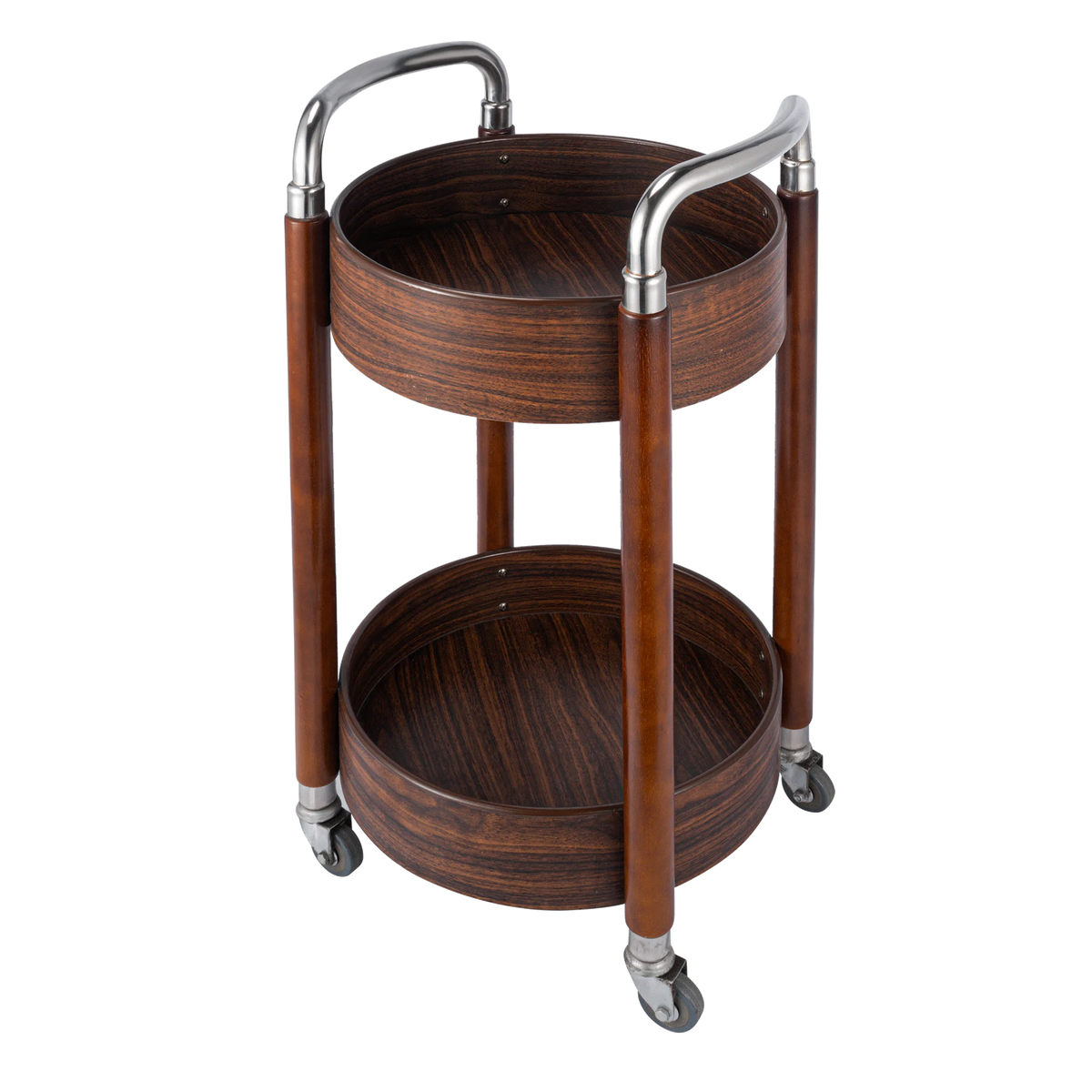 Portable 3-tier wooden snack and dessert display stand on wheels, ideal for parties, offices, and kitchen serving.