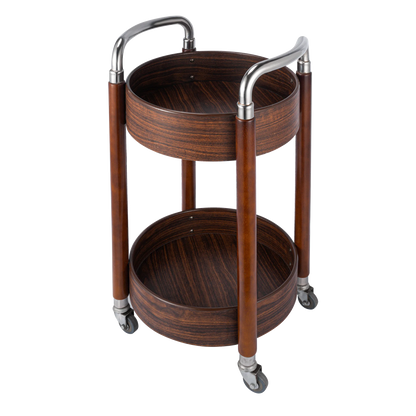 Portable 3-tier wooden snack and dessert display stand on wheels, ideal for parties, offices, and kitchen serving.