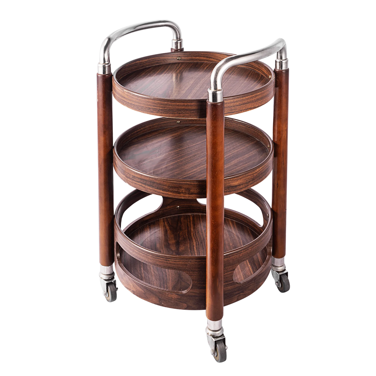3-tier portable snack and dessert display stand, multi-function rolling bar cart in solid wood for party or office serving.