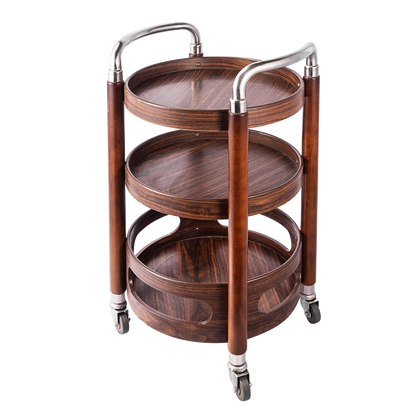 3-tier portable snack and dessert display stand, multi-function rolling bar cart in solid wood for party or office serving.