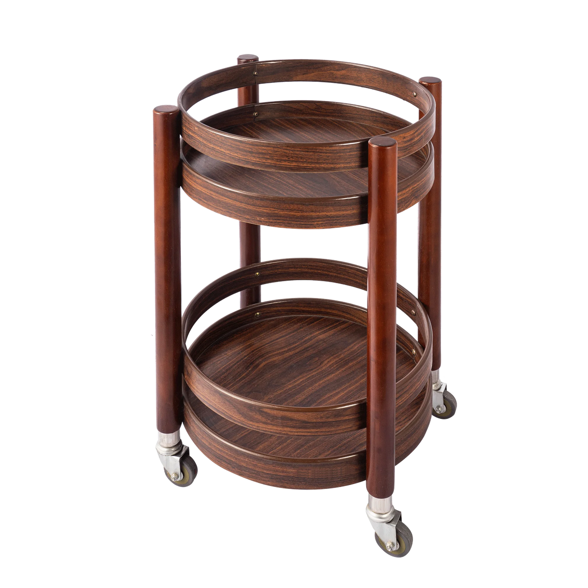 Portable wooden 3-tier snack and dessert display stand with rolling wheels, ideal for parties, offices, and kitchen serving.