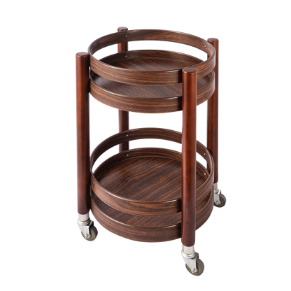 Portable wooden 3-tier snack and dessert display stand with rolling wheels, ideal for parties, offices, and kitchen serving.