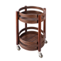 Portable wooden 3-tier snack and dessert display stand with rolling wheels, ideal for parties, offices, and kitchen serving.