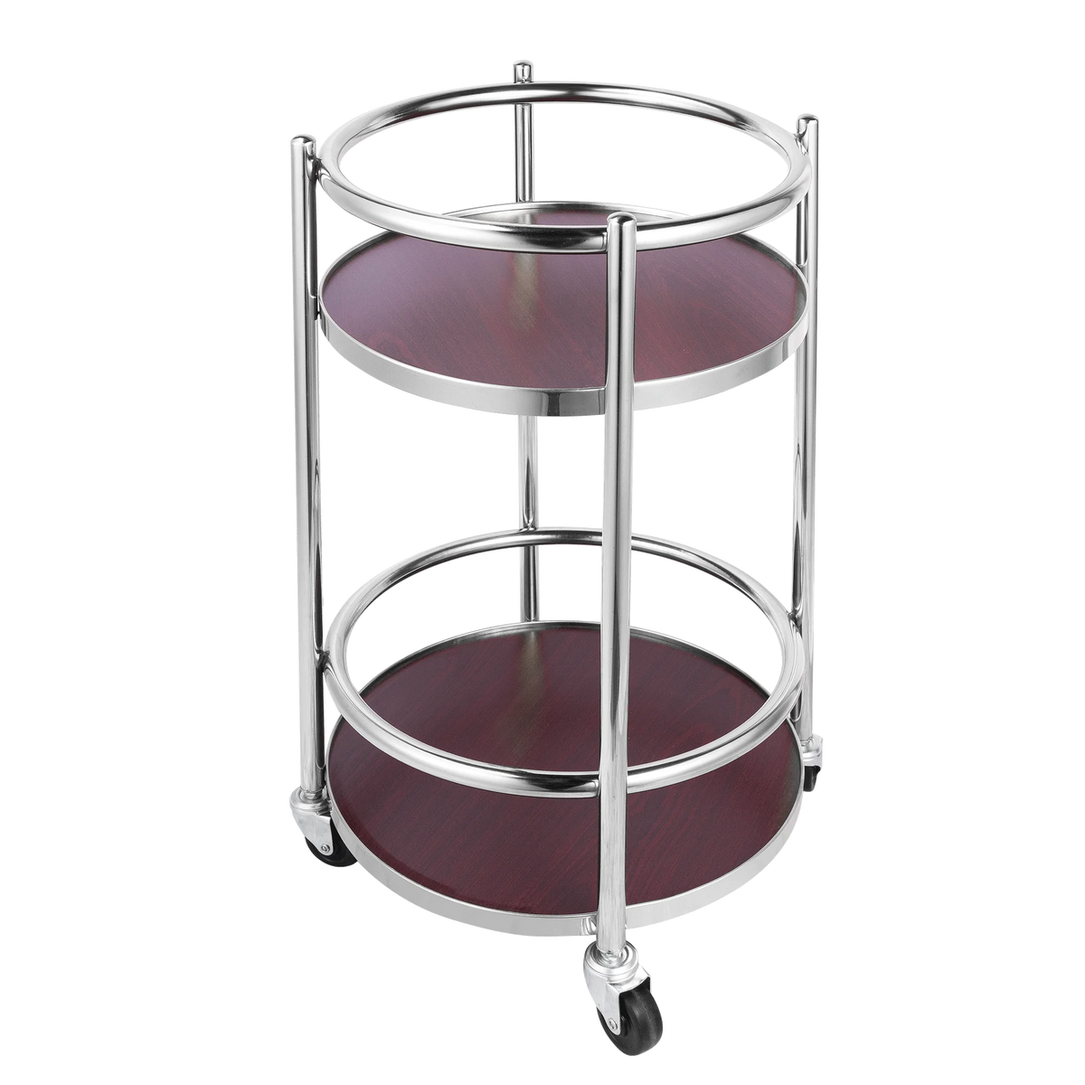Portable 3-tier wooden snack and dessert display stand on wheels, ideal for parties, offices, and kitchen serving.