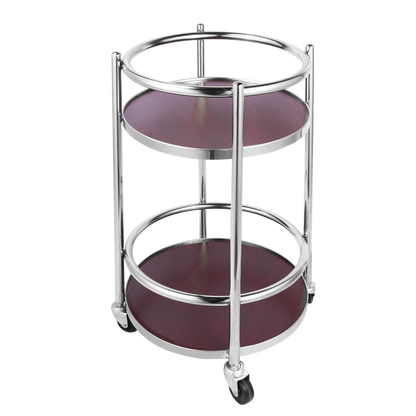 Portable 3-tier wooden snack and dessert display stand on wheels, ideal for parties, offices, and kitchen serving.