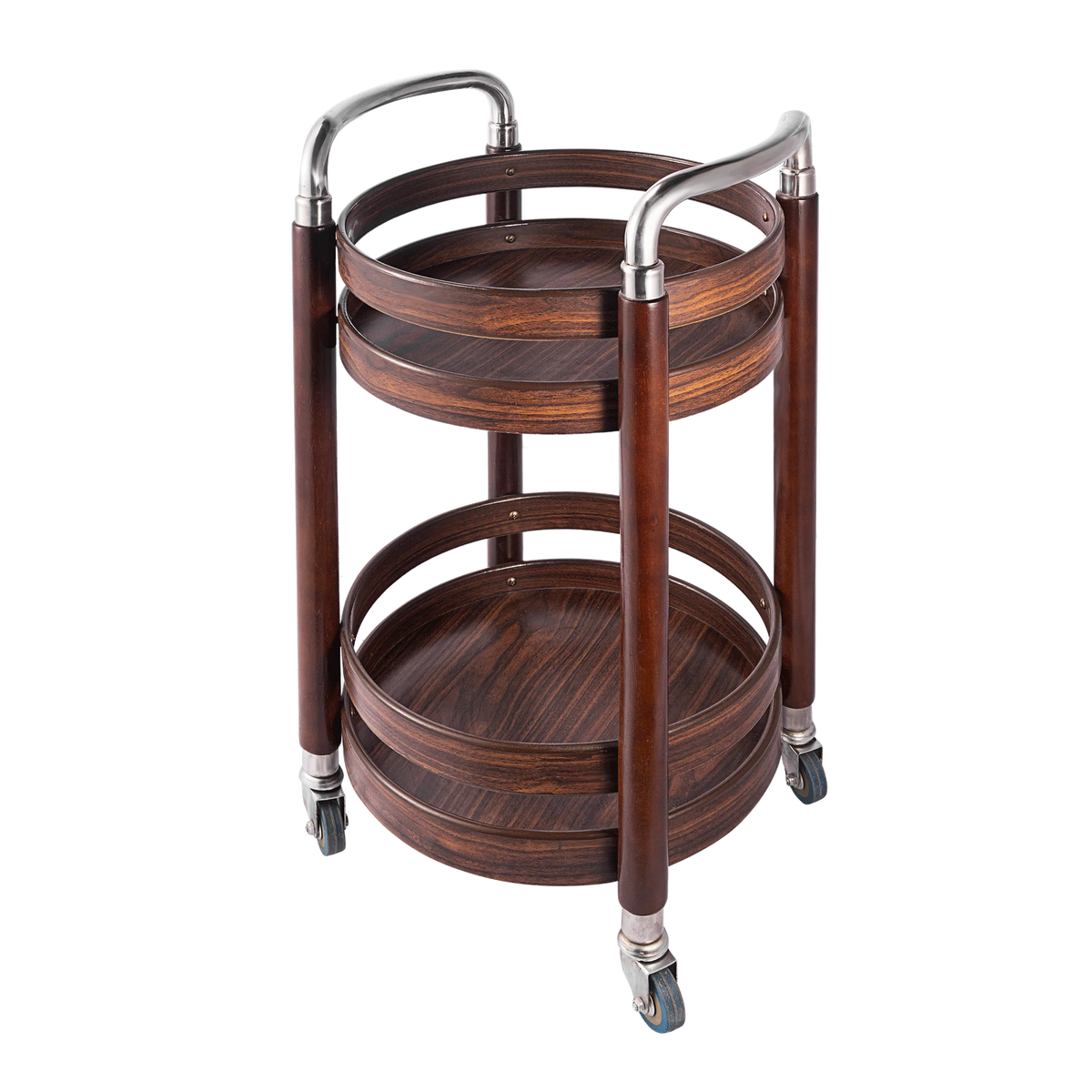 Wooden 3-tier portable snack and dessert display stand on wheels, ideal for parties, offices, and kitchen serving.