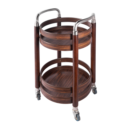 Wooden 3-tier portable snack and dessert display stand on wheels, ideal for parties, offices, and kitchen serving.