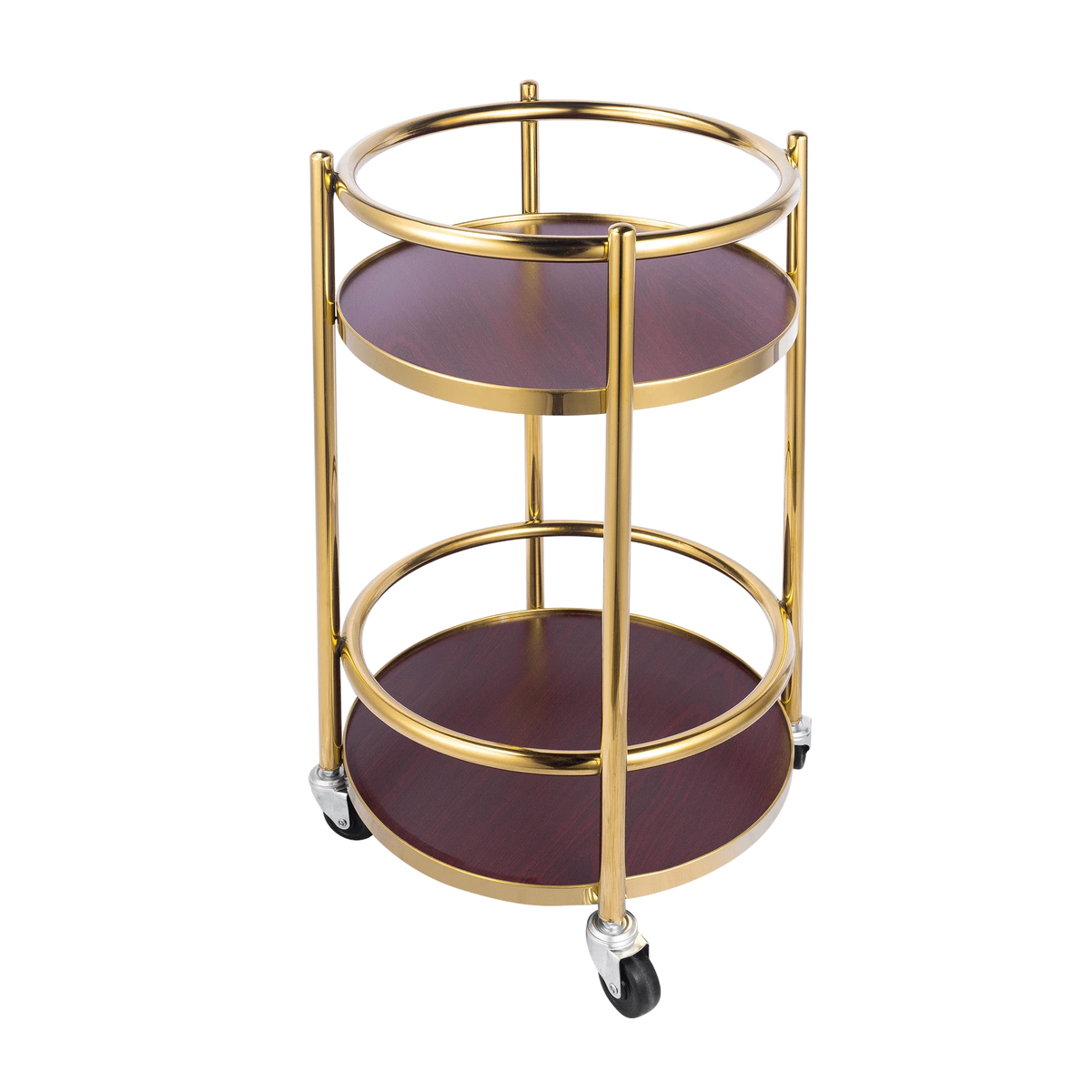 3-tier wooden snack and dessert display stand on a rolling bar cart, ideal for parties and office serving.
