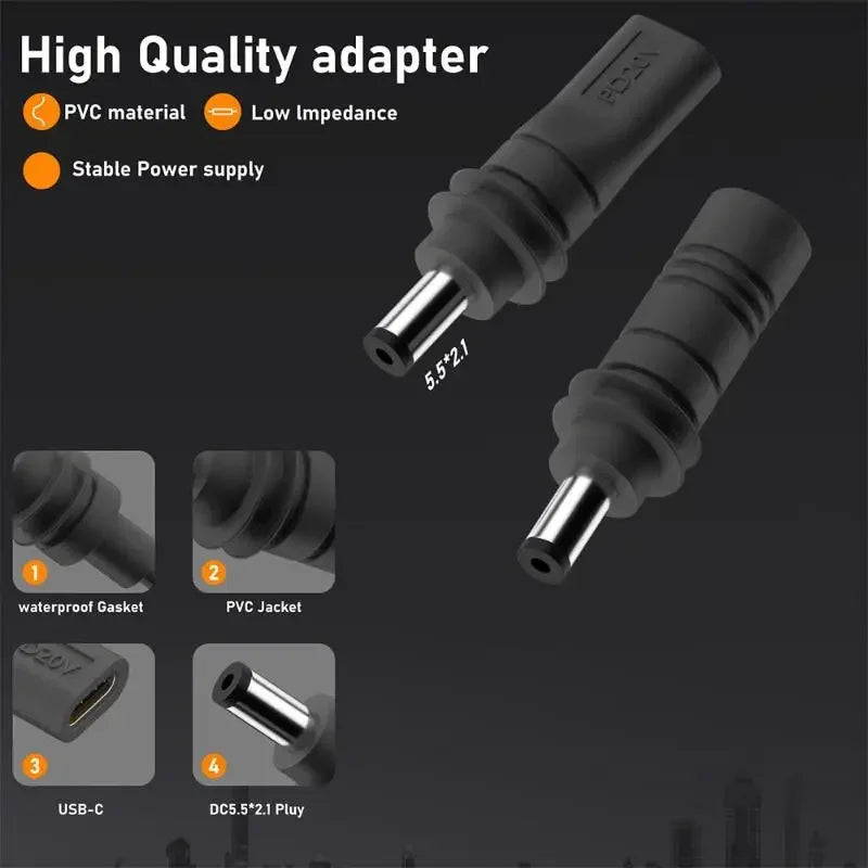 Starlink Mini GEN3 PD 100W USB C female to DC5521 male connector for charging and power adapters, shown in close-up.