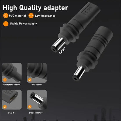 Starlink Mini GEN3 PD 100W USB C female to DC5521 male connector for charging and power adapters, shown in close-up.