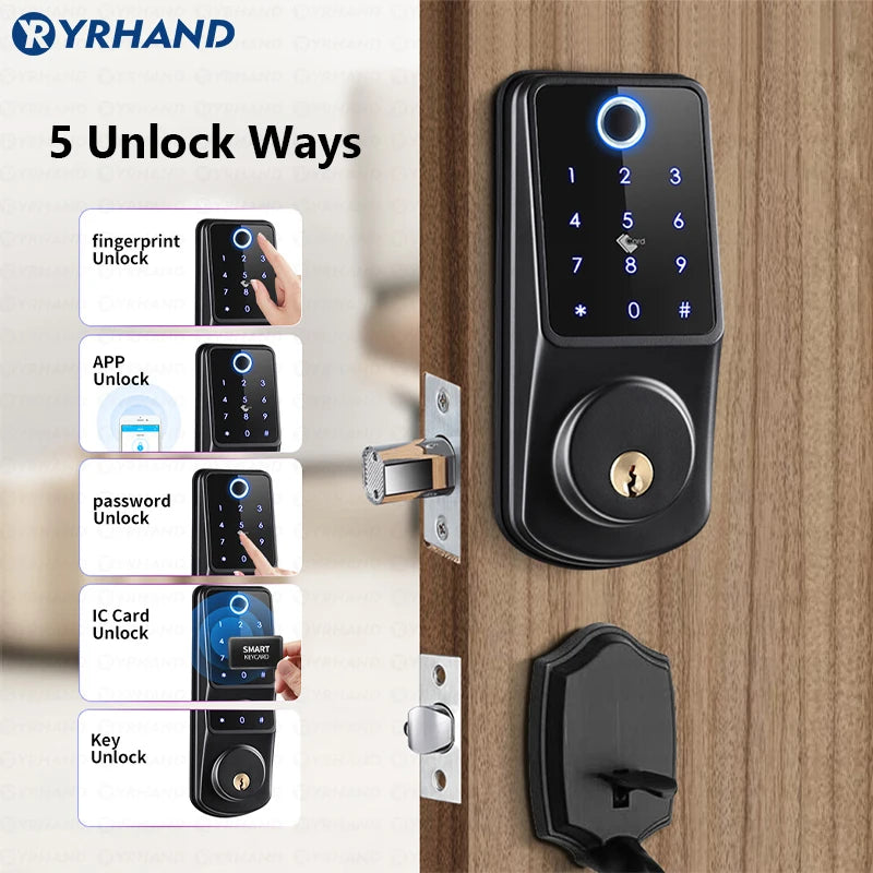 BackupMyFilesNow TTlock WiFi security smart fingerprint digital electronic deadbolt lock with portable design and Tuya connectivity.
