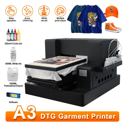 A3 DTG Printer by BackupMyFilesNow.com showing a flatbed direct-to-garment printing machine for printing on clothes.