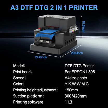 A3 DTG printer from BackupMyFilesNow.com with flatbed design for direct-to-garment printing on clothing and fabrics.