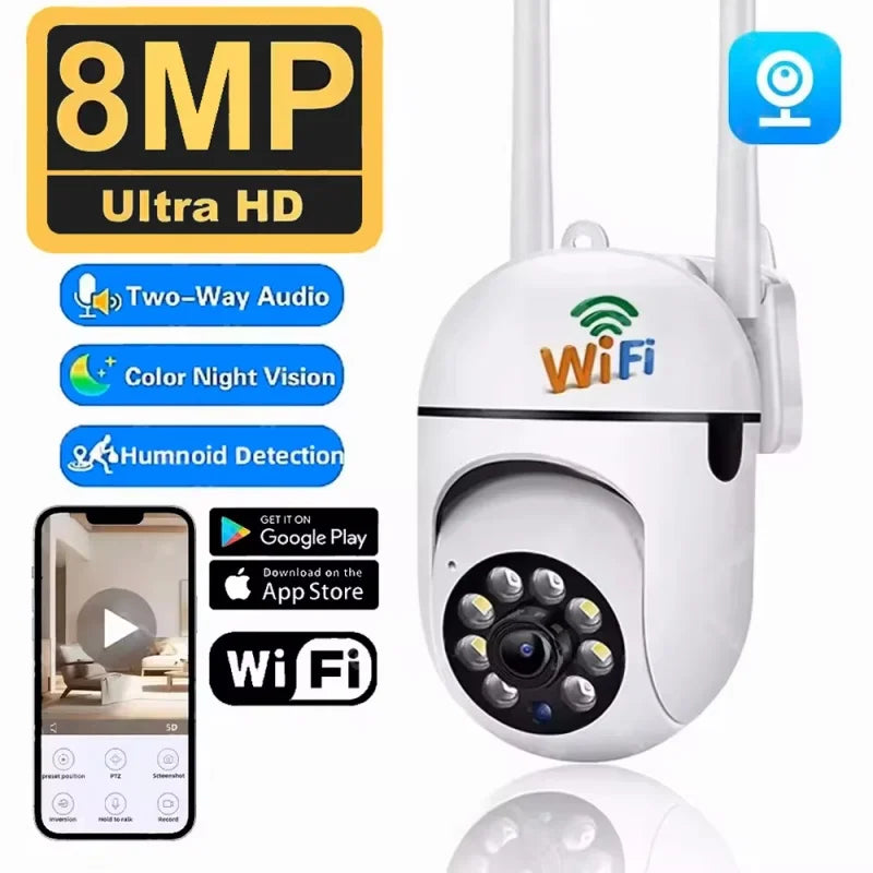 8MP WiFi security camera by BackupMyFilesNow.com showing PTZ, IR night vision, motion detection, and dual antennas for home surveillance.
