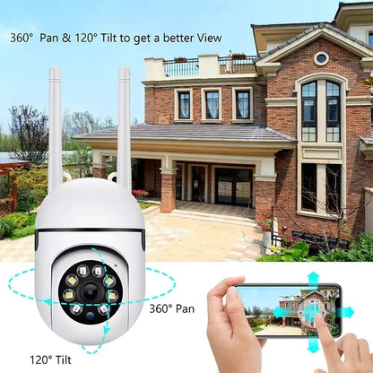 BackupMyFilesNow 8MP WiFi security camera with PTZ, IR night vision, motion detection, and two antennas for home surveillance.