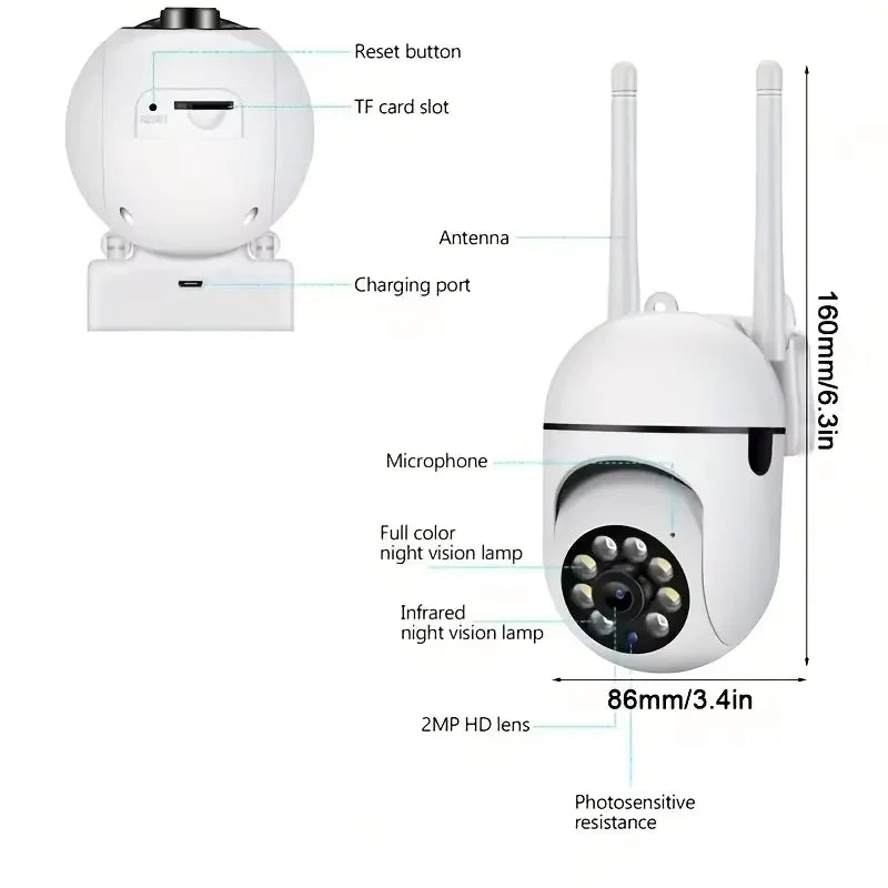 8MP WiFi security camera with PTZ, IR night vision, motion detection, and dual antennas for home surveillance and child monitoring