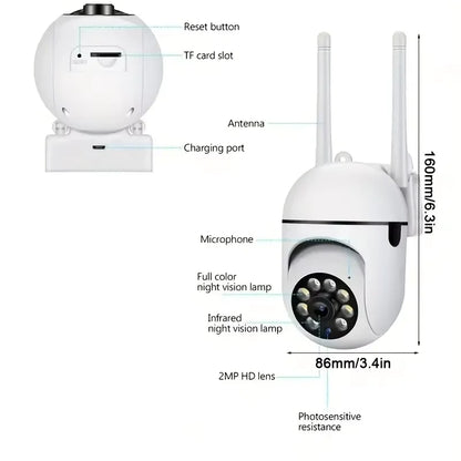 8MP WiFi security camera with PTZ, IR night vision, motion detection, and dual antennas for home surveillance and child monitoring