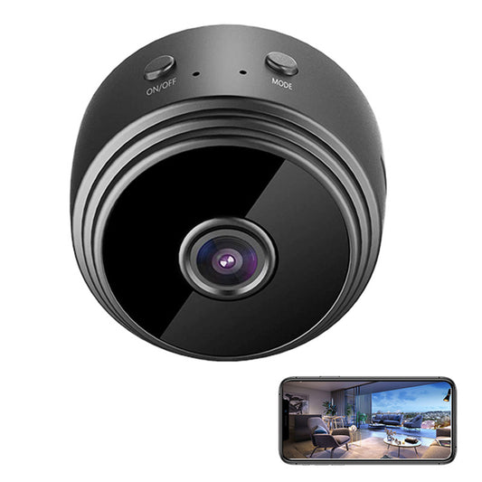 A9 Smart WiFi HD Wireless Security Camera in black, showing front view with lens and mounting bracket for home security.