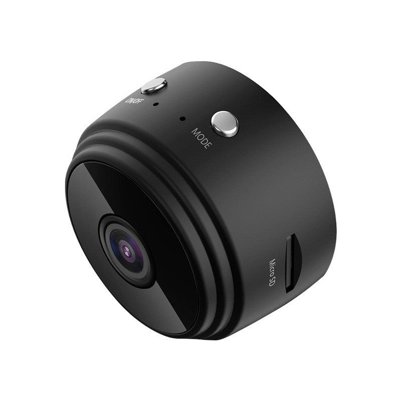 A9 Smart WiFi HD Wireless Security Camera in black, showing the camera mounted on a wall for home security monitoring.