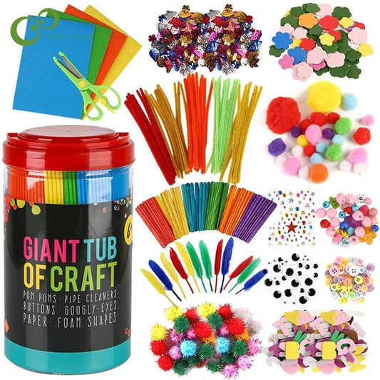 Colorful arts and crafts supplies set for kids, including markers, paper, and craft toys, perfect for DIY projects and homeschooling.