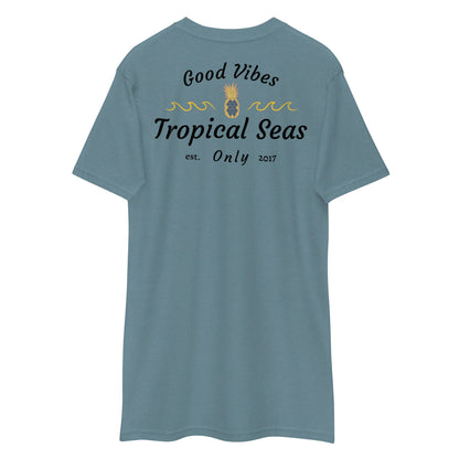 Open face pineapple graphic t-shirt by BACKUPMYFILESNOW.COM®, casual tee with tropical pineapple print and open neckline.
