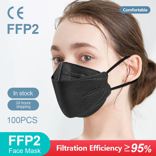 Black adult fish-shaped KN95 FFP2 mask with 4 layers, breathable fabric, and secure fit for respiratory protection.
