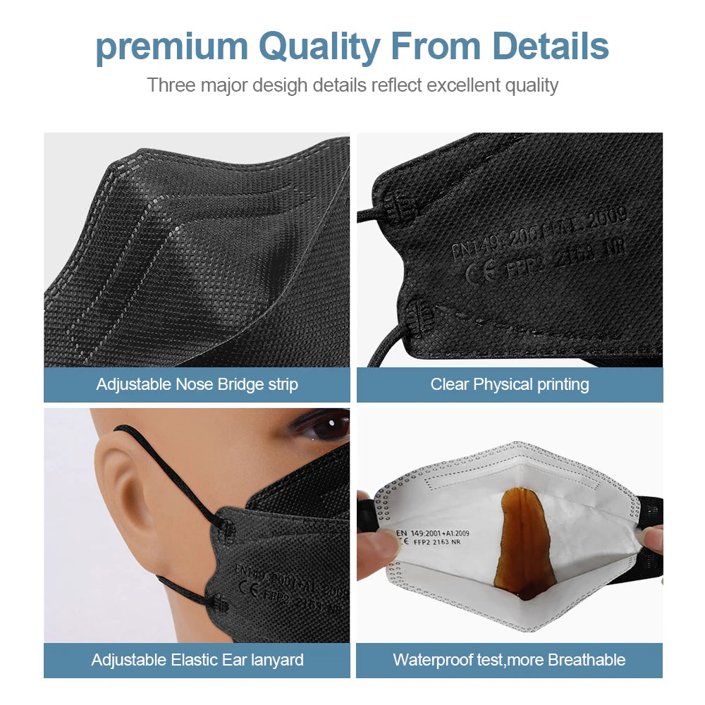 Adult black fish-shaped KN95 FFP2 mask with 4-layer fabric, respiratory filter, and comfortable fit for face protection.