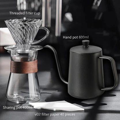 Amber gold borosilicate glass coffee dripper set with sharing pot, coffee server, and V02 coffee filter for hand brewed coffee.