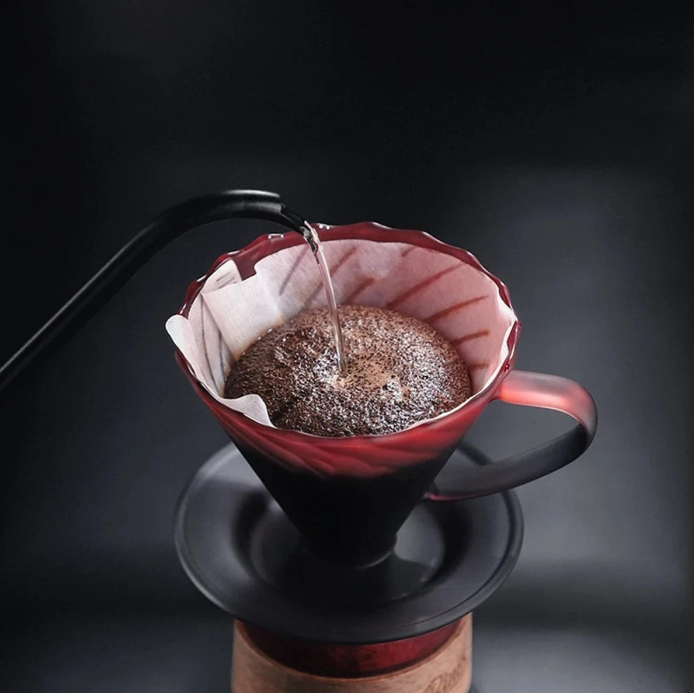 Amber gold borosilicate glass coffee dripper set with sharing pot and V02 coffee filter for hand-brewed coffee.