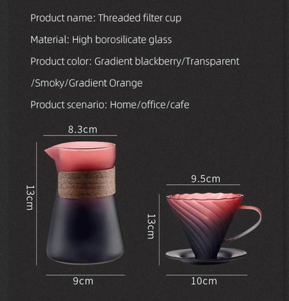 Amber gold hand-brewed coffee maker and borosilicate glass dripper set with coffee server and V02 coffee filter for sharing.