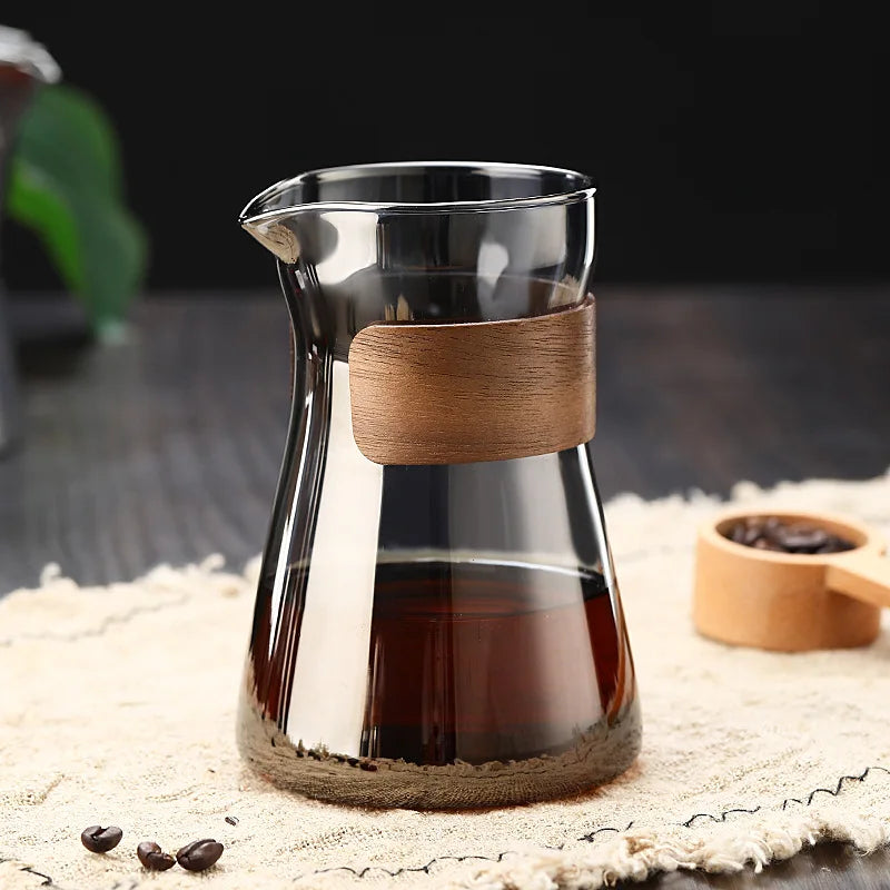 Amber gold borosilicate glass coffee dripper set with sharing pot and V02 coffee filter for hand brewed coffee.