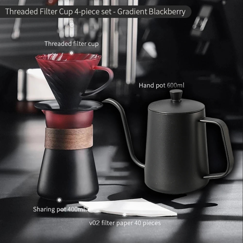 Amber gold hand-brewed coffee maker set with borosilicate glass dripper, coffee server, and V02 coffee filter for fresh brewing.