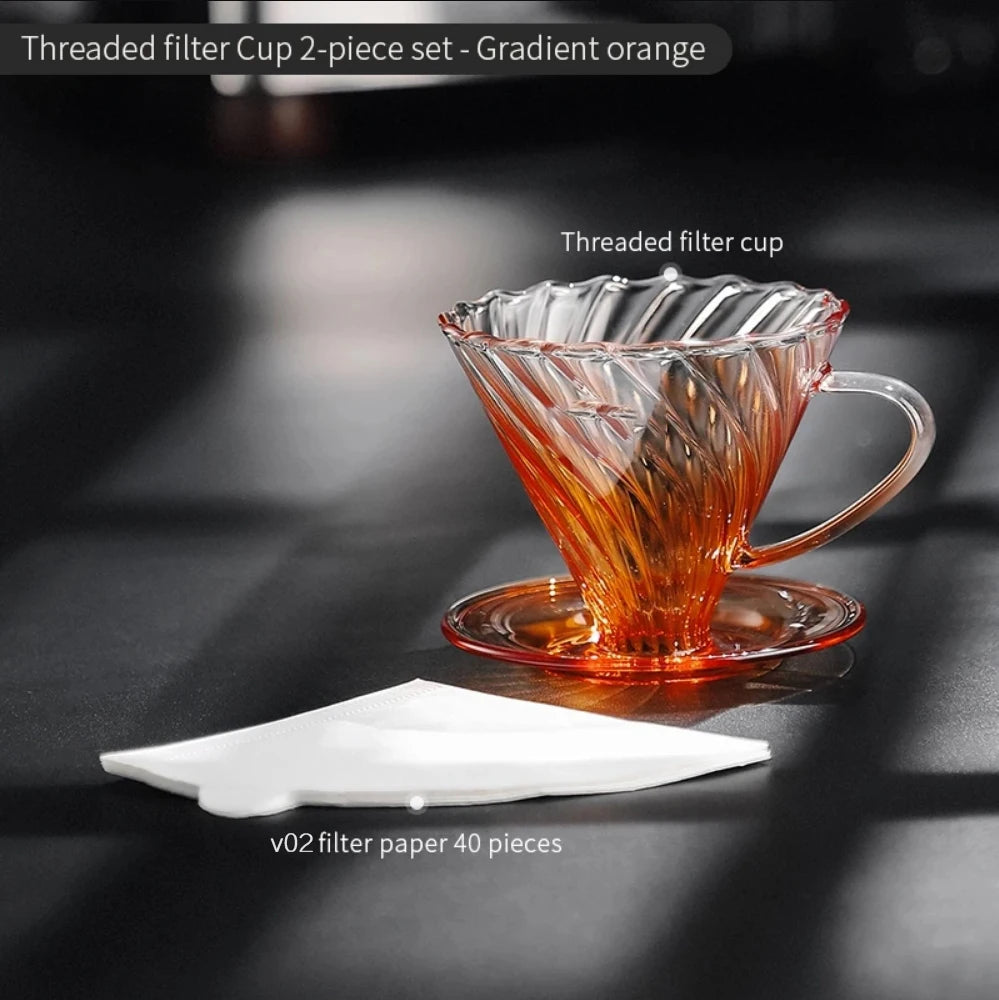 Amber gold borosilicate glass coffee dripper set with sharing pot, coffee server, and V02 coffee filter for hand brewed coffee.