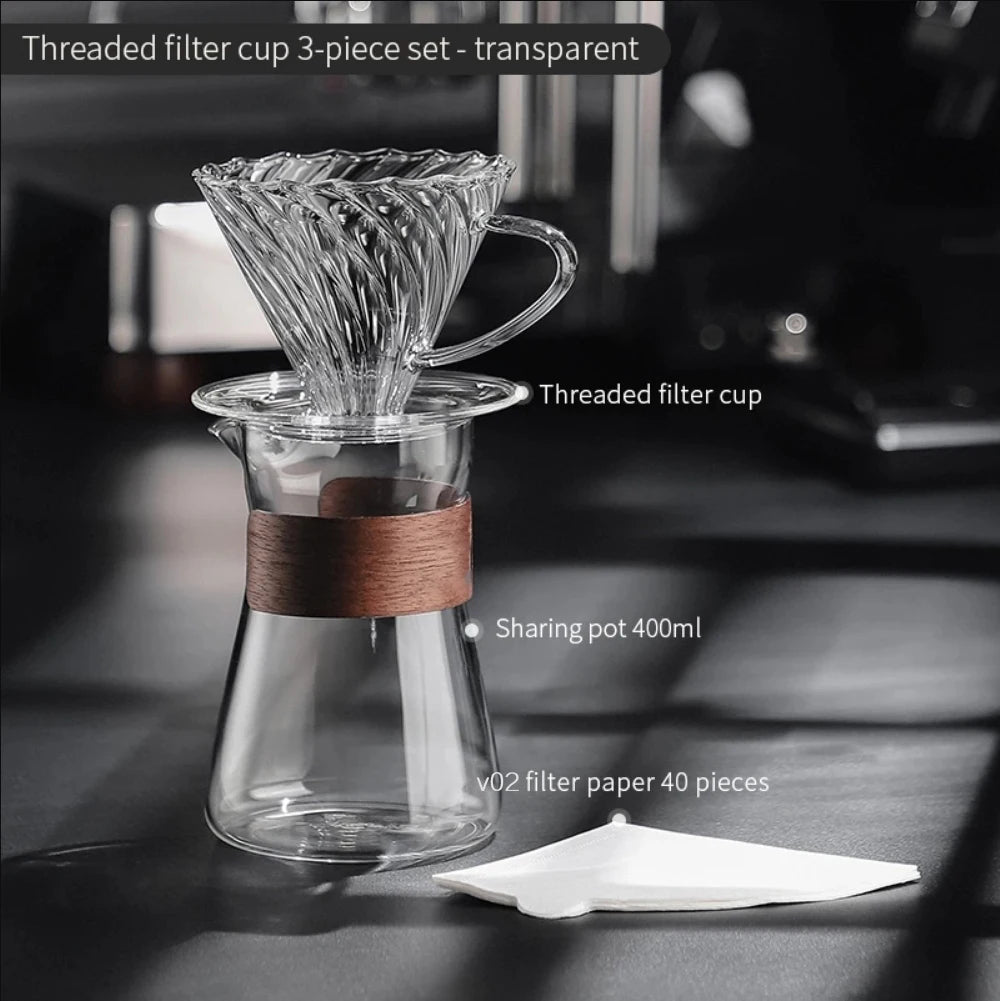 Hand brewed coffee maker set with borosilicate glass dripper and coffee server, includes V02 coffee filter for fresh brewing.