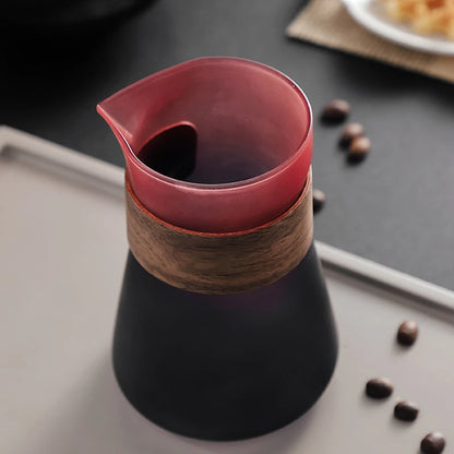 Amber gold borosilicate glass coffee dripper set with coffee server and V02 coffee filter for hand-brewed coffee.