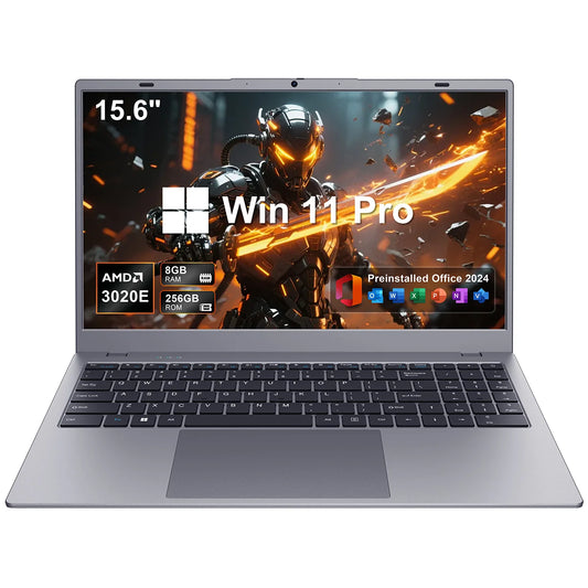 AMD laptop computer with 15.6-inch FHD display, 8GB RAM, 256GB SSD, dual-core processor, WiFi 5, and Bluetooth 5.0.