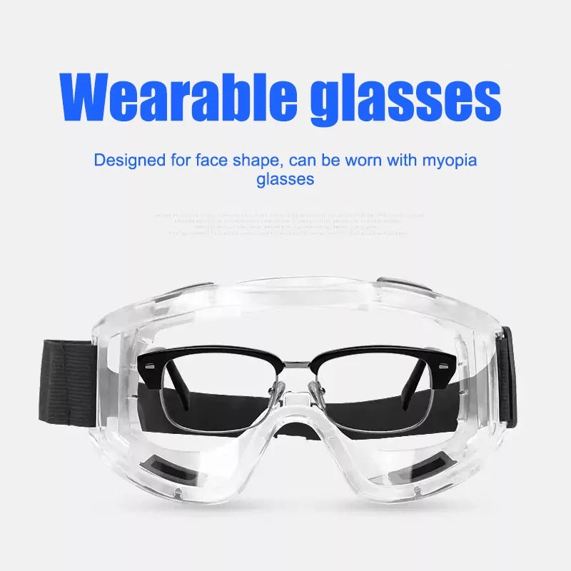 BackupMyFilesNow safety goggles over glasses with clear scratch-resistant lenses, suitable for nurses, workers, architects, men, and women.
