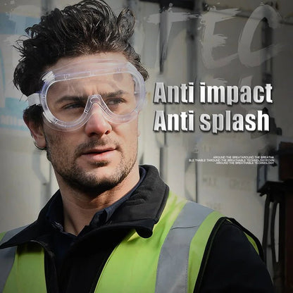 Safety goggles over glasses with clear scratch-resistant lenses, designed for nurses, workers, architects, men and women.