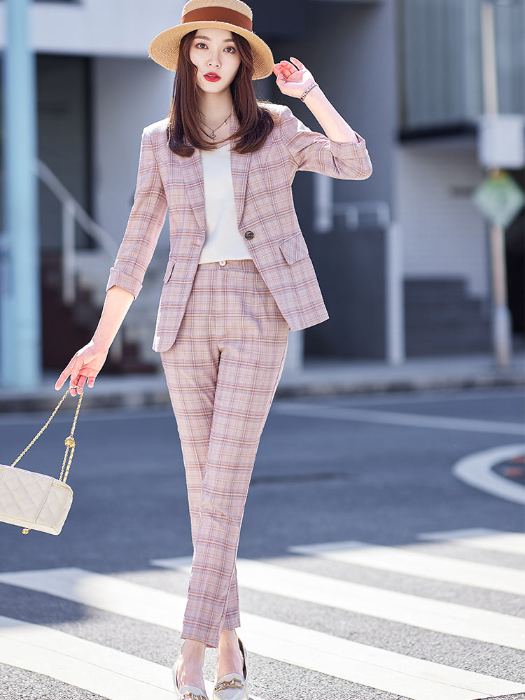Apricot women's summer business pant suit from BackupMyFilesNow.com, ideal for office workwear, featuring tailored fit and professional style.