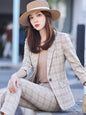 Apricot women's summer business pant suit, professional office workwear, featuring tailored trousers and a matching blazer.