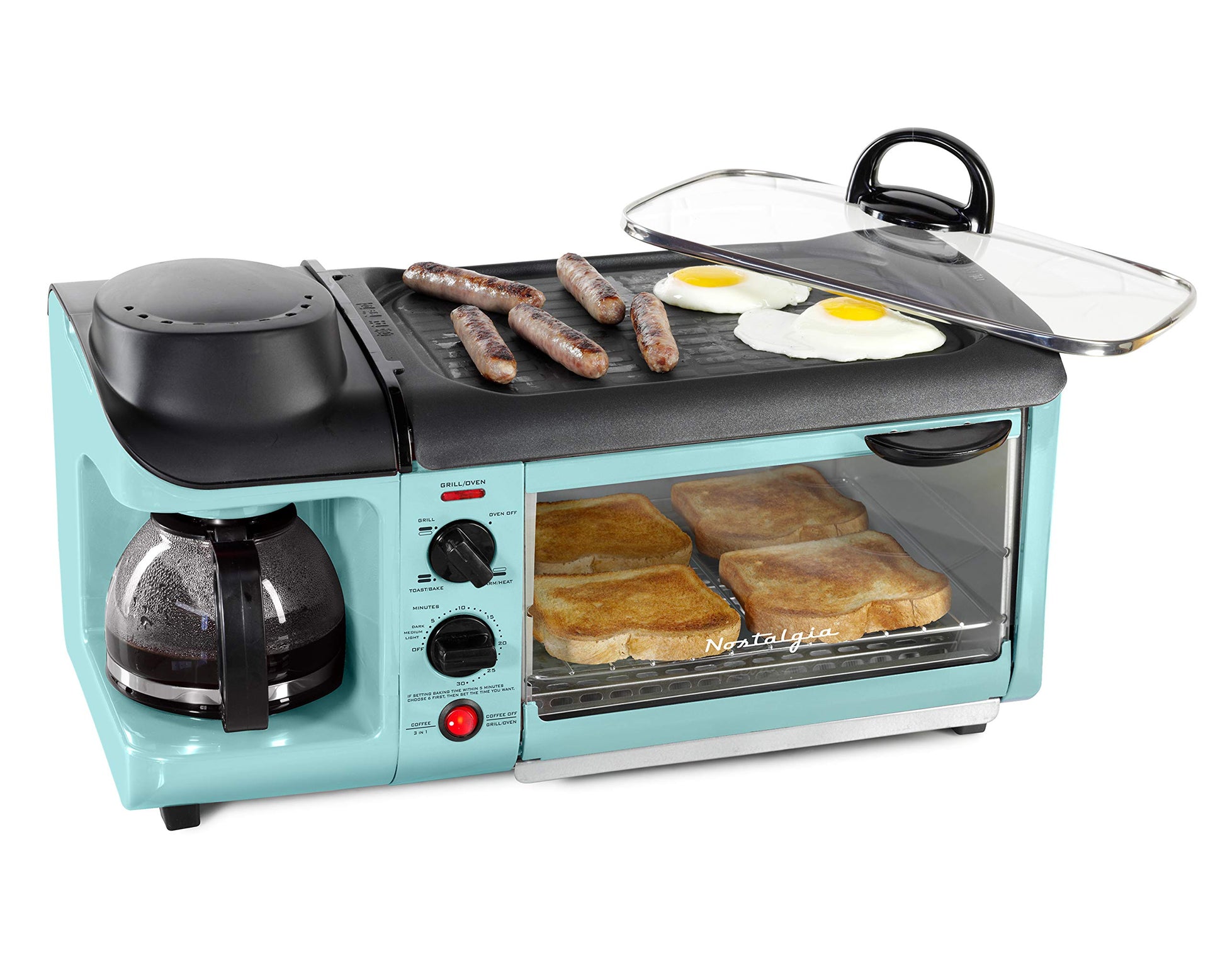 Nostalgia 3-in-1 breakfast station in aqua featuring coffee maker, non-stick griddle, and 4-slice toaster oven for versatile breakfast prep.