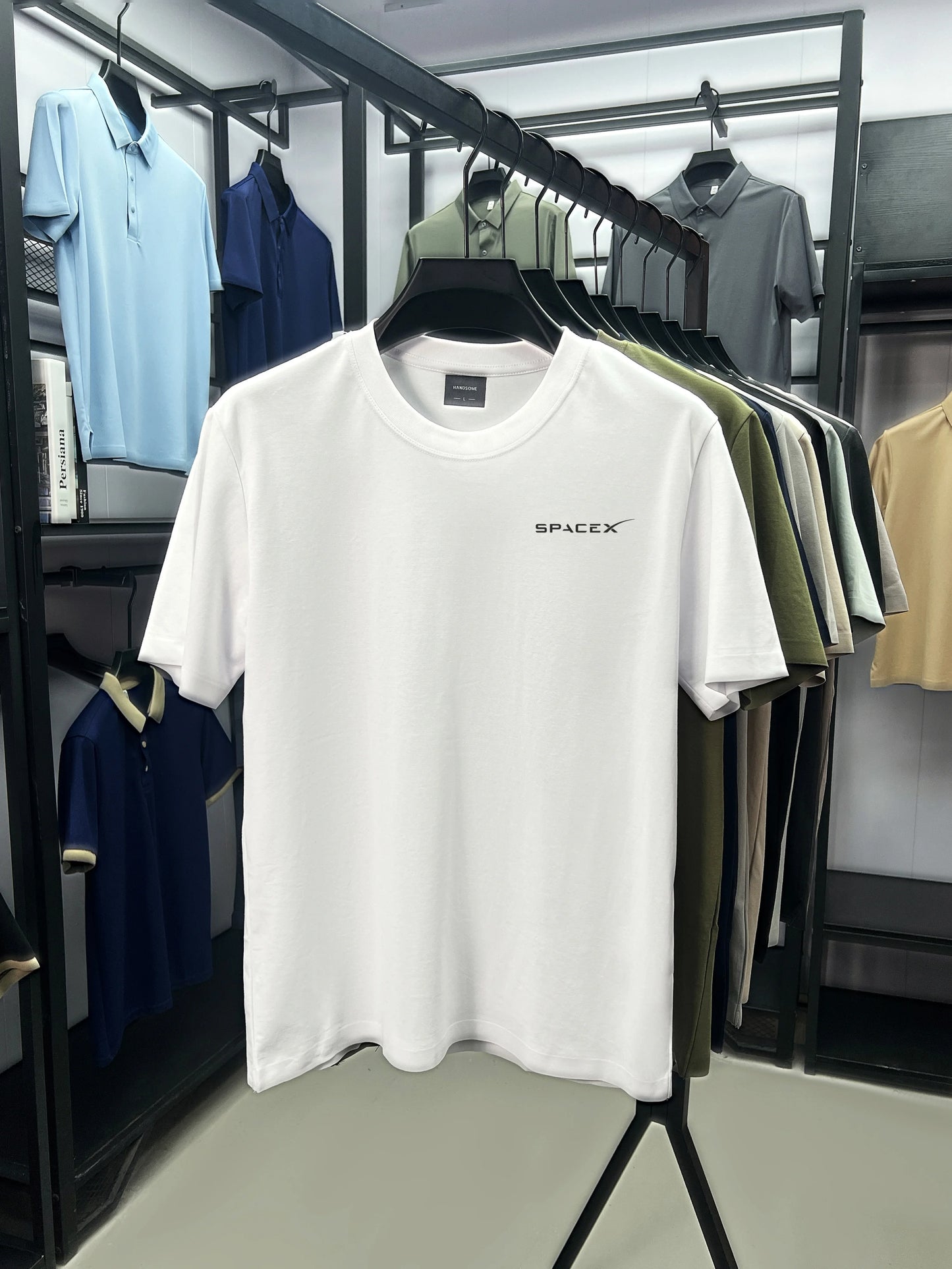 Men's army green SpaceX printed round neck T-shirt, breathable pure cotton casual short sleeve top, versatile summer wear