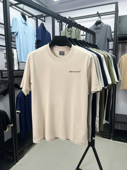 Men's army green SpaceX printed round neck T-shirt, short sleeve, breathable pure cotton casual top by BACKUPMYFILESNOW.COM®.