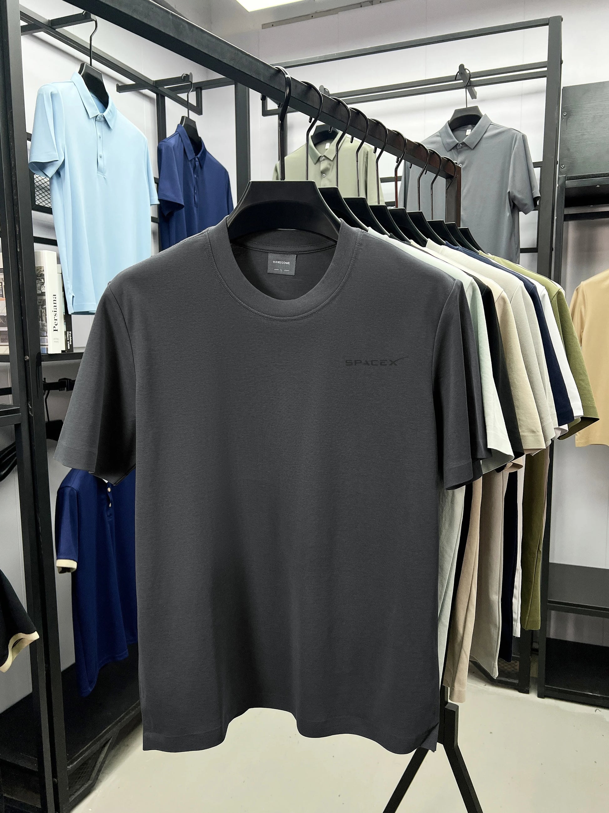 Men's SPACEX printed round neck T-shirt in army green, breathable pure cotton, short sleeves, casual versatile summer top.
