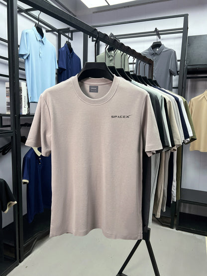 Men's SPACEX printed round neck T-shirt in army green, made of breathable pure cotton, casual short-sleeved summer top.