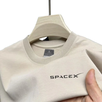 Men's SpaceX printed round neck T-shirt in army green, breathable pure cotton, short sleeves, casual versatile summer top.