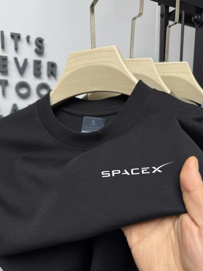 Men's army green SpaceX printed round neck T-shirt, breathable pure cotton short-sleeved casual top, versatile summer wear.